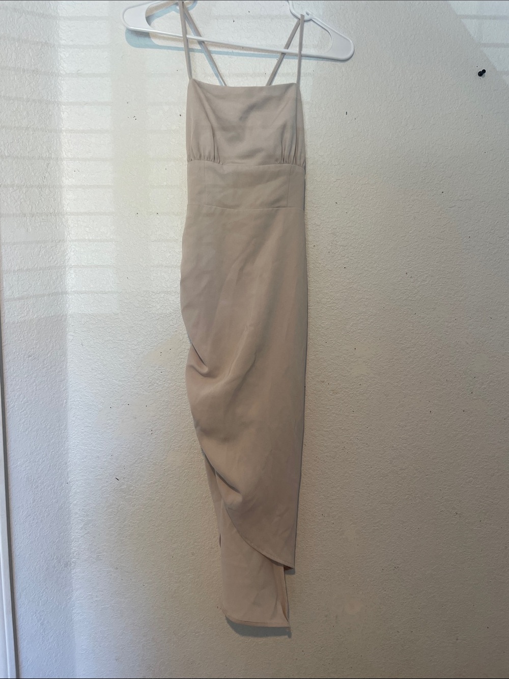 Beige Asymmetric Slip Dress with Spaghetti Straps